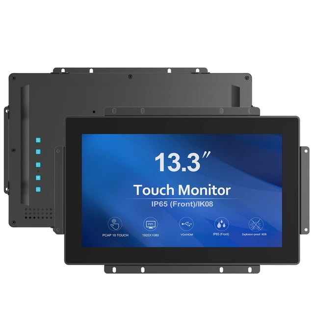 GreenTouch 13.3 Inch 1000 Nits High Brightness Open Frame Touch Display with 10-point PCAP technology, 1920x1080 resolution, and 16:9 aspect ratio. This sunlight-readable LCD monitor features a durable black frame and VESA mounting options, ideal for industrial and outdoor use.