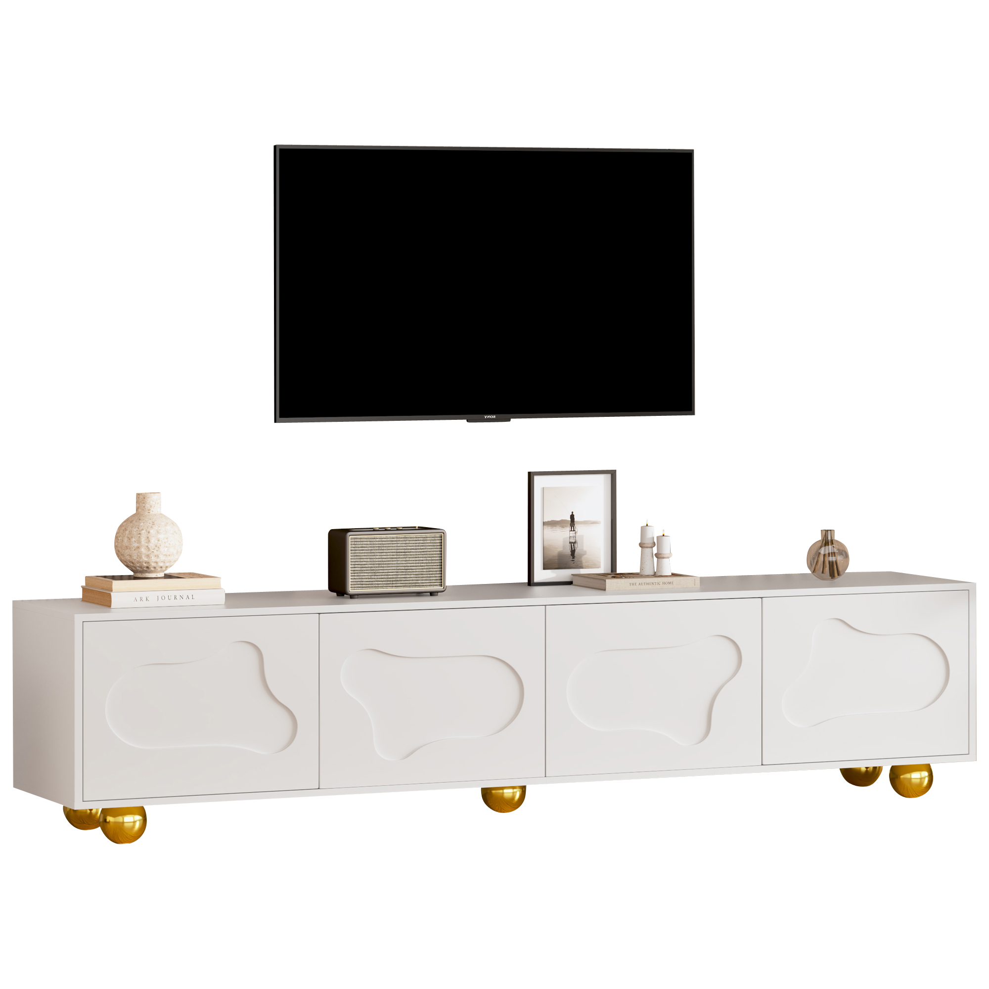 Meuble télé Noble House 64,8 pouces, console multimédia pour téléviseur de 65 pouces, blanc et bois naturel