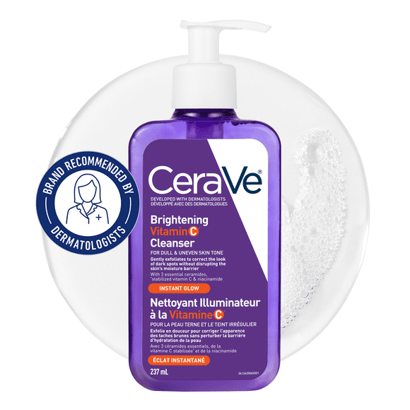 CeraVe nettoyant éclat à la vitamine C, Nettoyant visage exfoliant pour taches pigmentaires avec vitamine C, niacinamide et céramides.