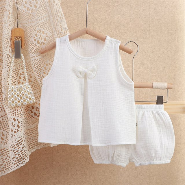 YUTK Girls 2 Piece Outfits Sweatsuit,Solid Color Gauze Set Double-Layer Breathable Two-Piece Set Bow Top and Pants Set Round Neck Set Sale White