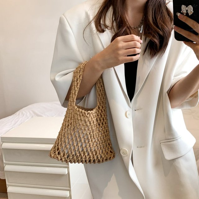 Cotton Thread Handbags Straw Woven Hollow Net Shopping Beach Vacation Purses