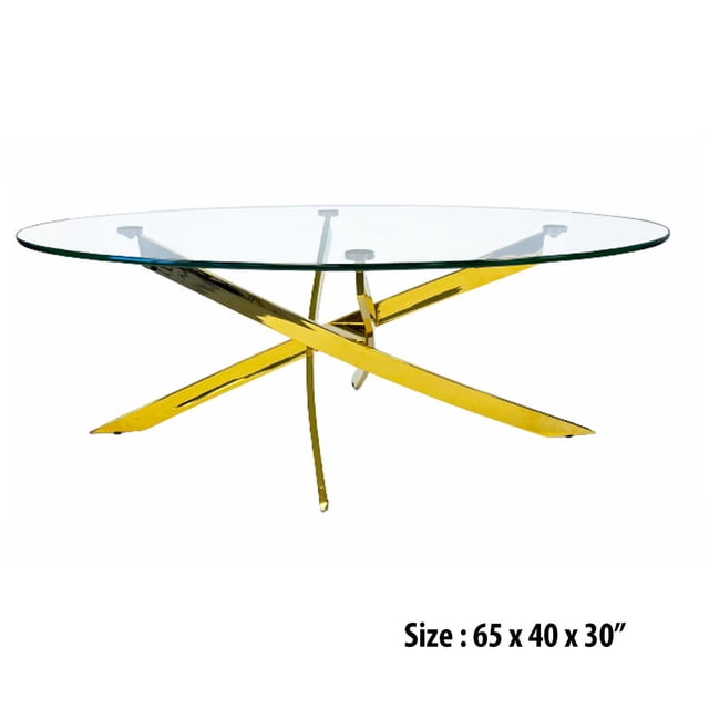 Canadian Genesis Table à Manger Ovale Or 65 avec Dessus Ovale en Verre Trempé Transparent et Pattes Chromées à Fini Miroir Doré Intersectant, Mesurant 65 par 40 par 30 Pouces, Convient aux Cuisines et Salle à Manger Modernes.
