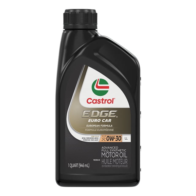 CASTROL EDGE EURO 0W30 LL 946ml Bottle, a black plastic container with a front label showing the Castrol logo, EDGE Euro Car European Formula, SAE 0W-30 viscosity, and advanced full synthetic motor oil for high-performance European gas and light diesel vehicles.