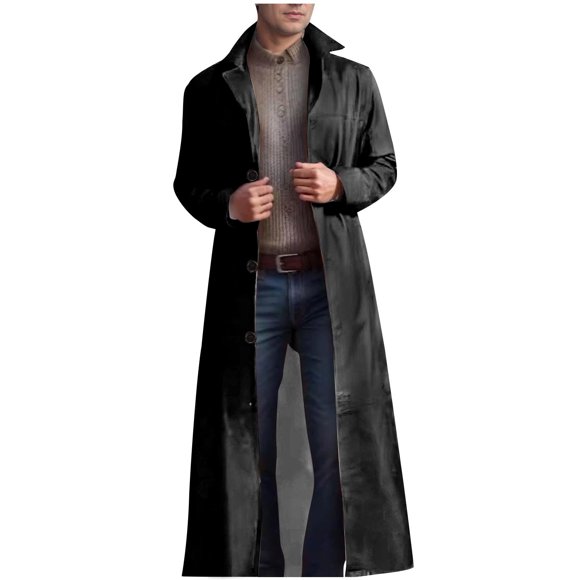 Men's Trench Coat, Long Casual Overcoat for Fall and Winter with Leather Buttons, Warm Solid Color Outerwear Jacket