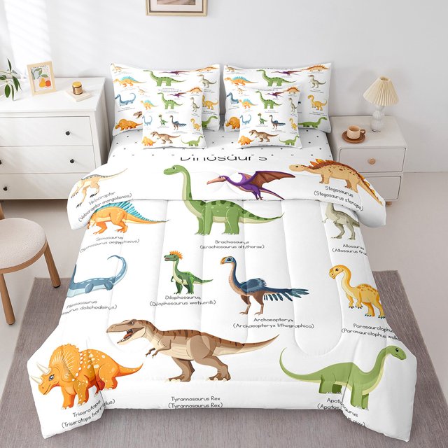 7 Piece Bed in a Bag Queen Size Comforter Set for Kids Dinosaur Bedding Set,Kids Dino Reversible Bed Set,Cartoon Animal Comforter with Sheet Set,All Season