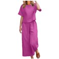 thumbnail image 2 of Tenues d'Été en Coton et Lin 2 Pcs pour Femmes, Ensembles 2 Pcs en Coton et Lin pour Femmes avec Hauts Courts à Bretelles et Pantalons à Jambes Larges, Tenues Décontractées Amples Unies à Col Rond et Manches Courtes, 2 of 6