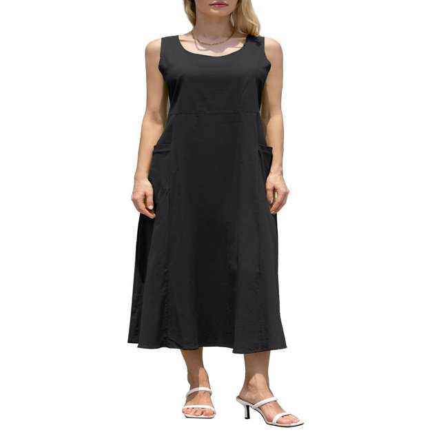 Robe Débardeur Décontractée en Coton et Lin pour Femmes avec Poches Maxi, Couleur Unie, Robe Bohème