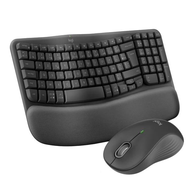 Logitech Wave Keys MK670 Combo wireless ergonomic keyboard with wavy keyframe and cushioned palm rest paired with Signature M550 L wireless mouse in graphite, featuring silent clicks and rubber side grips for medium to large hands, ideal for comfortable all-day productivity