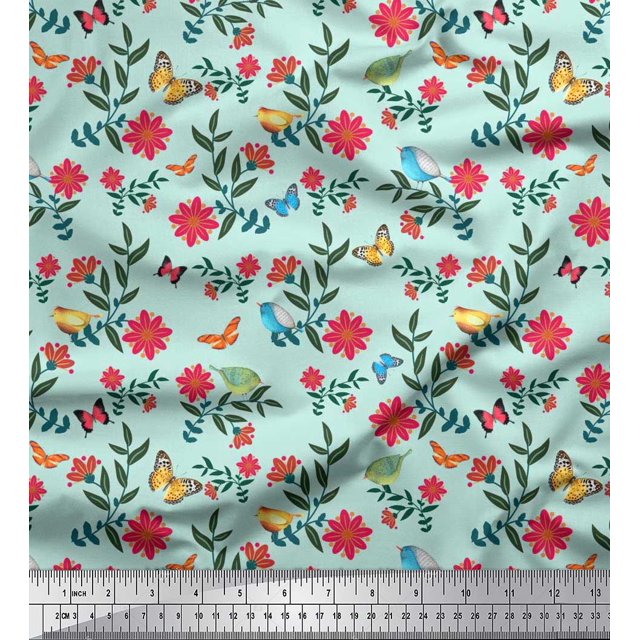 Soimoi Green Japan Crepe Satin Fabric Insect,Bird & Floral Artistic Print Fabric by Yard 42 Inch Wide