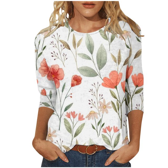 Pisexur Chandails à Col Rond pour Femmes Grande Taille Décontractés à Imprimé Floral à Manches Longues Chandails à Enfiler Chandail Léger