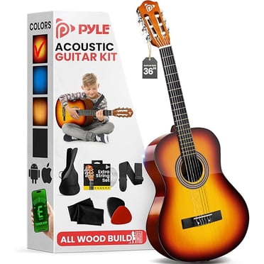 Pyle Beginner Acoustic Guitar Kit, 3/4 Junior Size All Wood Instrument for Kids, Adults, 36" Brown Gloss