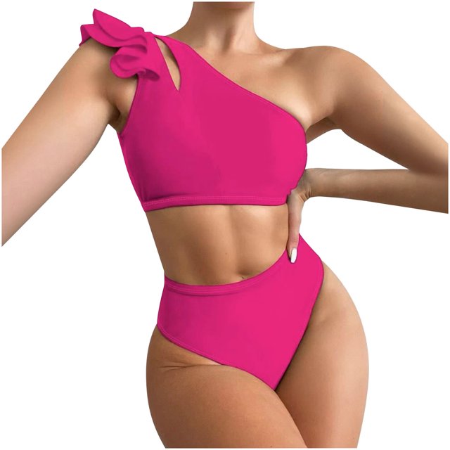 EGNMCR Bikini Set Women's Color High Waist One Shoulder Bikini Split Swimwear Set