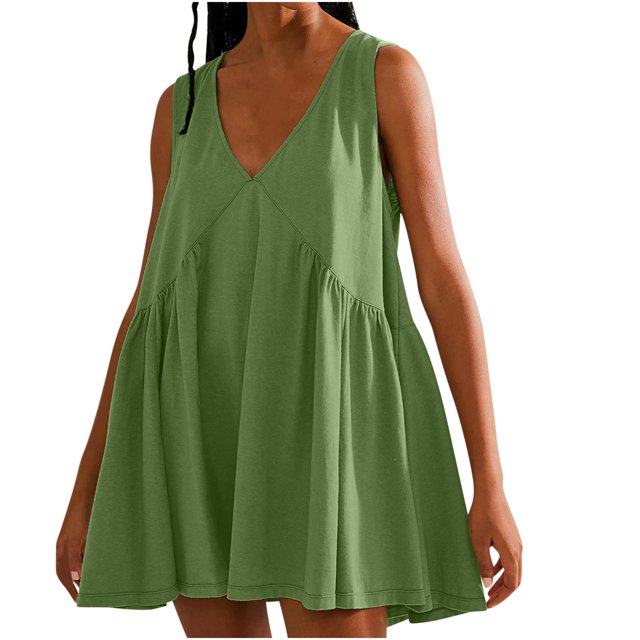 Penkiiy Robe Courte Sans Manches à Col en V pour Femme, Ample, d'Été, Plissée, Évasée et Fluide, 2TG, Vert