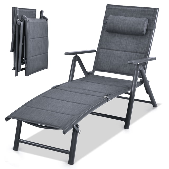 Patiojoy Chaise Longue Inclinable de Patio pour l'Extérieur, Chaise Pliante Réglable avec 7 Positions de Dossier et Oreiller Amovible