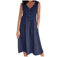 thumbnail image 4 of BiZtdJrK Robe Longue d'Été en Coton et Lin Bleu Marine pour Femme, Boutonnée, Fluide, Vacances Plage, Robes Soleil, Couleur Unie, Col Ras du Cou, Maxi, avec Poches, TG, 4 of 8