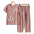 thumbnail image 2 of Mikilon Ensemble Élégant pour Femmes 2 Pcs Coton Lin Costume Deux Pièces Manches Courtes Col Rond Haut Imprimé Pantalon Ensemble Kaki L, 2 of 3