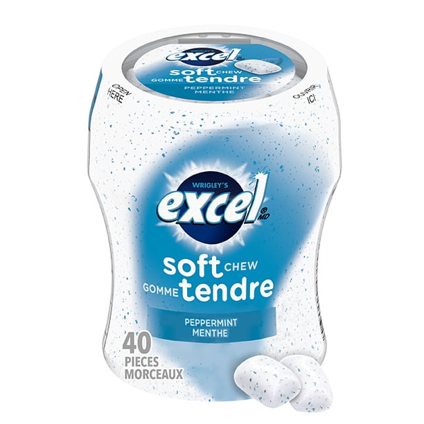 EXCEL Peppermint Sugar Free Soft Chew Gum, 40 Pieces, 1 Bottle, white and blue speckled plastic container with Excel logo, showing two soft chew gum pieces, suitable for breath freshening and portable chewing gum.
