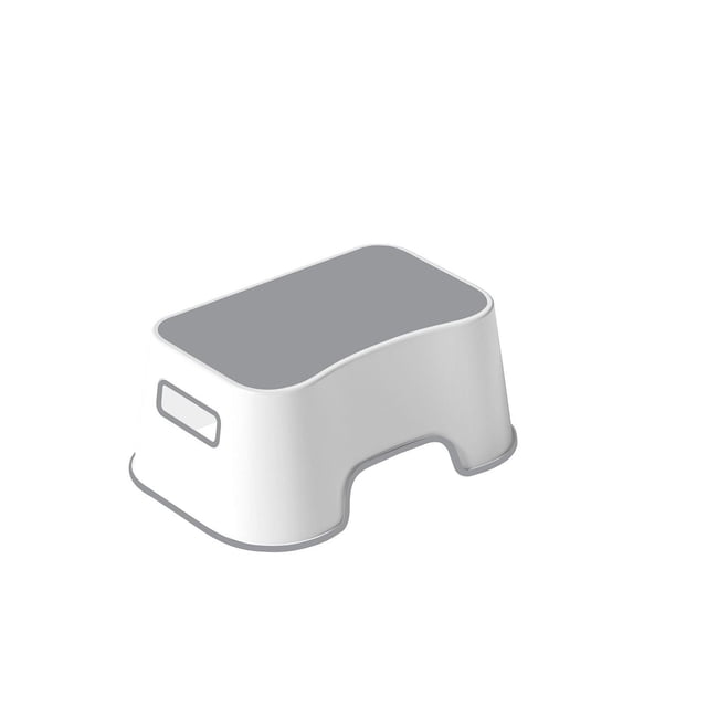 grey and white plastic step stool designed for kids with built-in handles