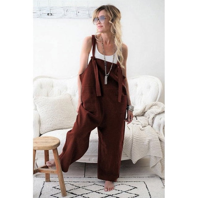 Pantalons Décontractés en Lin pour Femmes Combinaison en Coton à Bretelles Pantalons Harem
