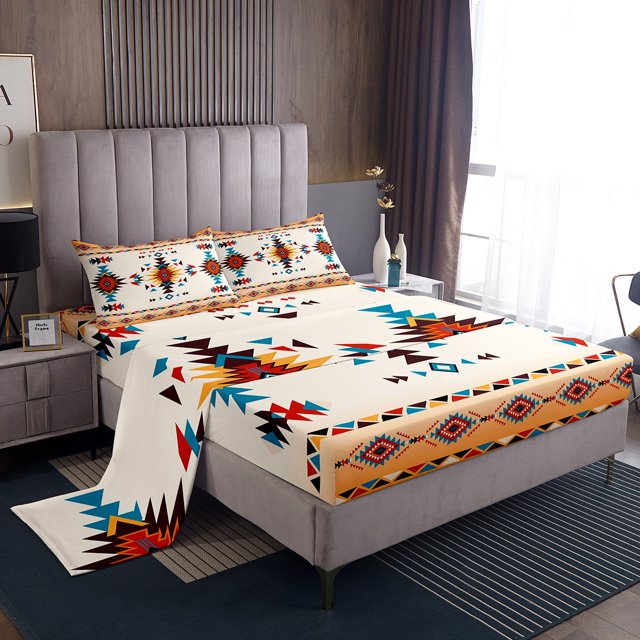 Erosebridal Aztec Bed Sheets Set Queen Size for Adult, Rustic Farmhouse Bed Sheets Queen, Geometric Stripe Decor