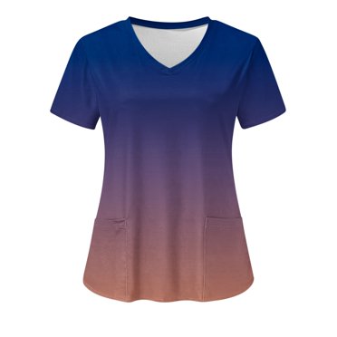 EQWLJWE Plus Size Women Scrubs Women Medical Scrub Top Plus Size Short Sleeve V-Neck Tops Pocket Blouse Tops Uniform Clinic Gradual Printed with Pocket Loose Flowing Hem Protective Novelty Scrubs