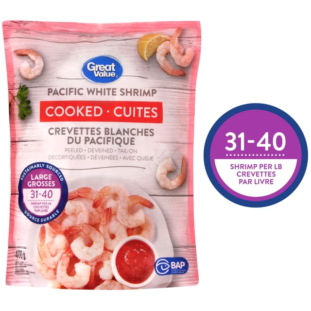 GV CKD SHP 31/40 Great Value cooked Pacific white shrimp peeled, deveined, and tail-on, 31-40 shrimp per pound in a resealable bag, sustainably sourced and BAP certified, suitable for shrimp cocktails, stir-fries, and pasta dishes.