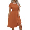 thumbnail image 2 of Ovzne Robes Grande Taille pour Femmes Rondes Robe pour Femme Robe de Printemps/été pour Femmes Tempérament Couleur Unie Plissée Manches Trois-Quarts Taille Robe Trapèze Robe de Printemps Liquidation, 2 of 7