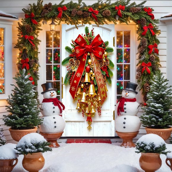 Amzcrzy Nylon Door Hanging Decorations Christmas Decorations 70.86X35.43In Christmas Door Garland with Bow Tie Bells Pinecone Branches Door Wreath Party Decoration Door Hanging Door Cover Decoration
