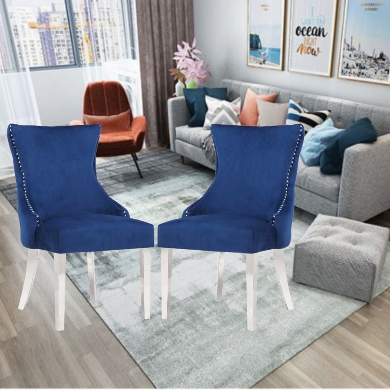 Chaise Odie en bleu, chaise de salle à manger avec garniture cloutée, chaise de salle à manger en velours, chaise de salle à manger avec pieds en acier inoxydable pour cuisine et salon - Ensemble 2