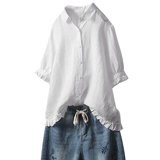Dealovy Cotton Linen Shirts for Women 3/4 Sleeve Lapel Collared Button down Blouses Solid Color Ruffle Top