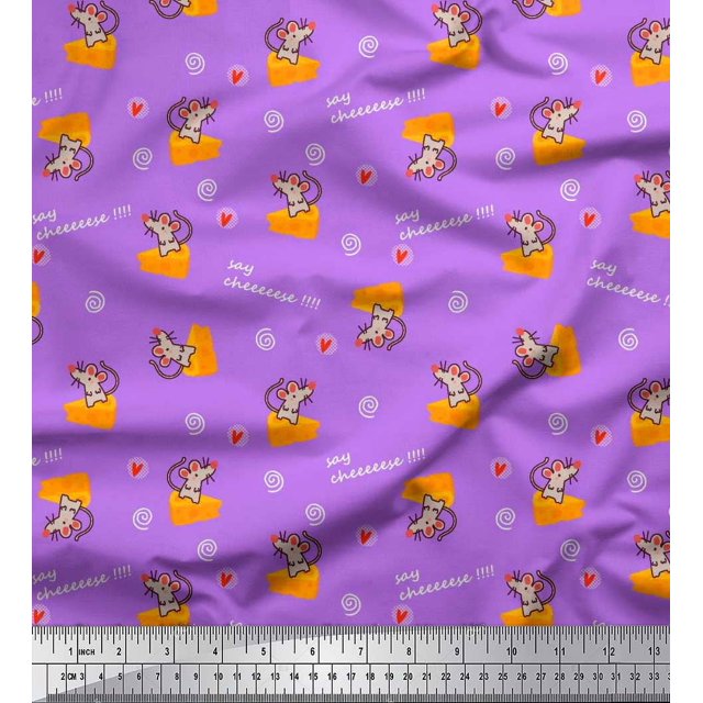 Soimoi Purple polyester Crepe Fabric Cheese Slice & Rats Kids Decor Fabric Printed Yard 42 Inch Wide