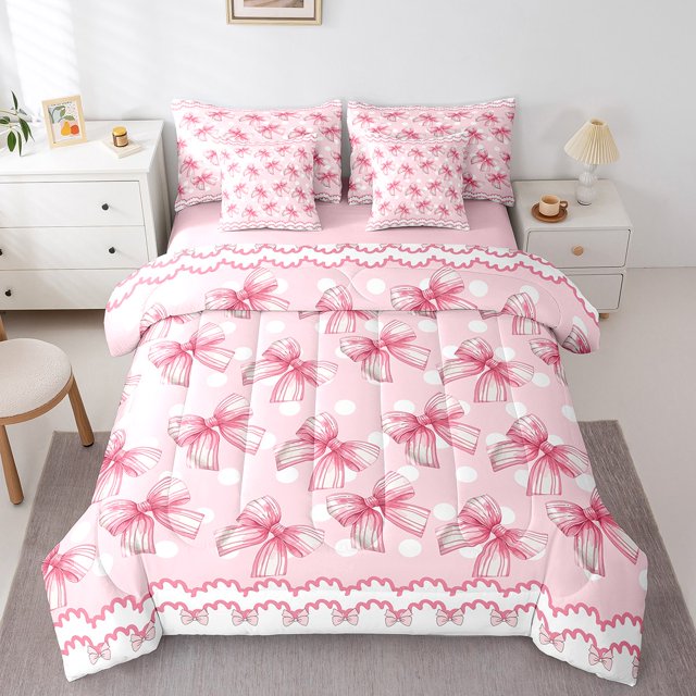 Erosebridal Kawaii Princess Bow Bedding Sets Queen Size, Cartoon Ribbon Comforter Sets with Sheets, Teens, Reversible