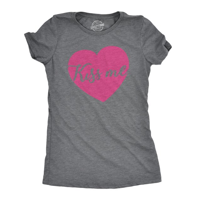 Womens Kiss Me Script Heart Cute \Relationship Flirting T shirt for Ladies (Dark Heather Grey) - M