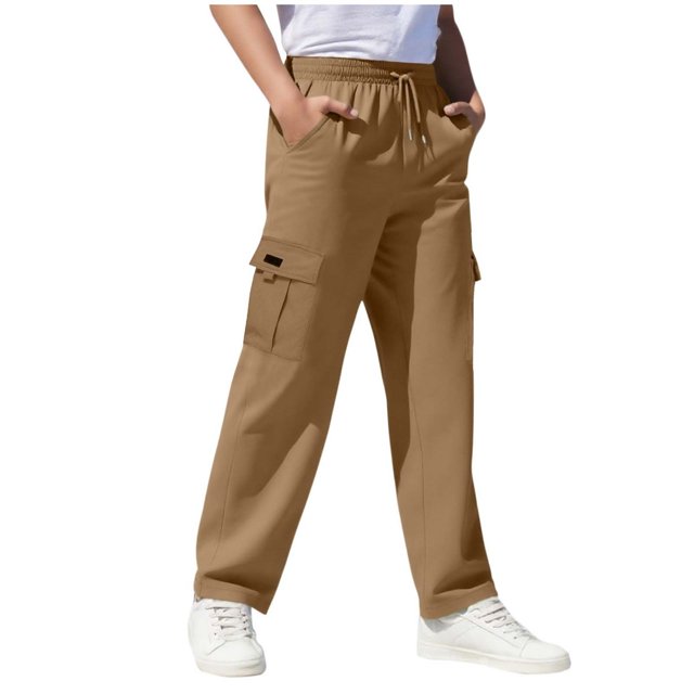 Children's Solid Color Stretch-Belt Work Pants with Pockets, Medium Size Casual Baggy Pants, Adult Version