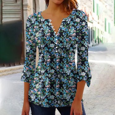 HOARBOEG Haut/chemise Décontracté pour Femme à Boutons, Imprimé Floral, Taille Plissée, Manches 3/4 Évasées, Col en V, Coupe Ajustée, T-Shirt Col en V, Tunique, Haut en Liquidation