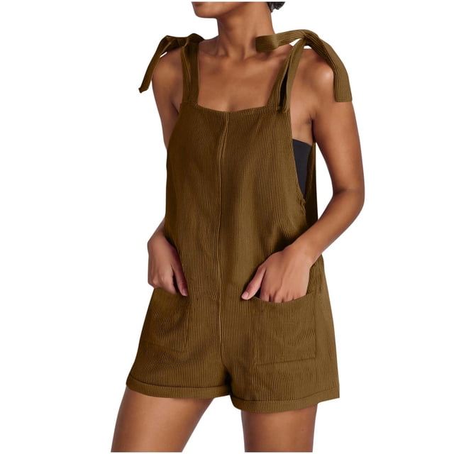 yoeyez Womens Jumpsuits And Rompers Casual,Ladies Corduroy Adjustable Straps Rompers Sleeveless Solid Color Shorts Overalls With Pockets Brown,M
