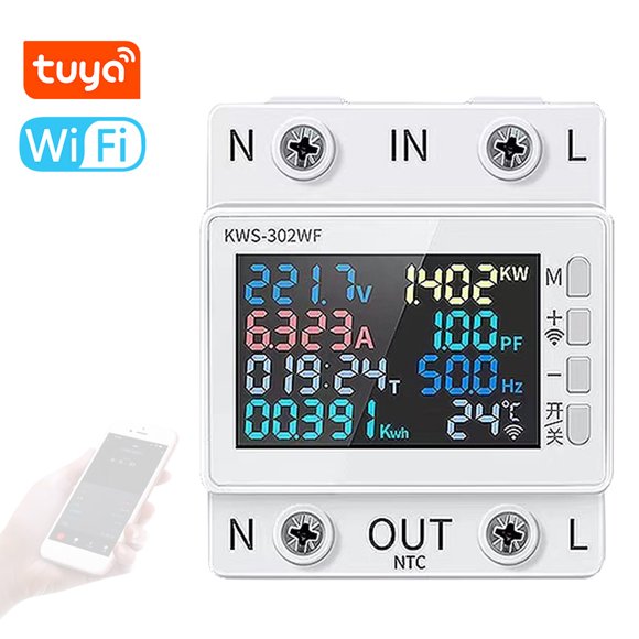 Yeacher Tuya WiFi 8in1 Power Meter Color Screen 2P Multi-function AC Energy Meter Mobilephone Remotely APP Control 170-270V/63A Voltage and Current Meter Standard Rail Mounting