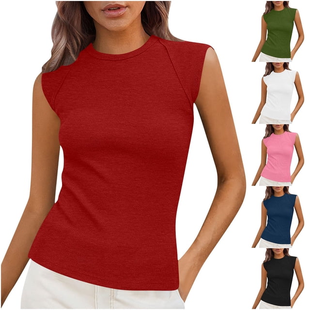 yoeyez Spring Tops for Women 2025,Ribbed Tank Tops for Women Ladies High Neck Summer Going Out Slim Top Causal Basic Knit Sleeveless Shirts Army Green,L