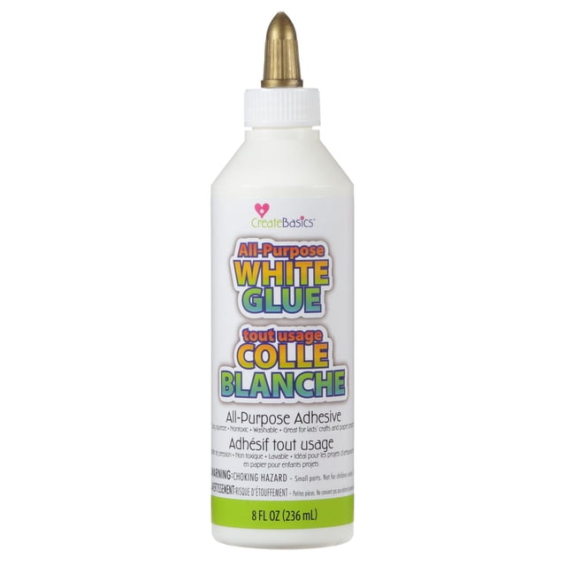 Create Basics 8 Oz. All Purpose White Glue in a white plastic squeeze bottle with a gold pointed nozzle, labeled nontoxic and washable, ideal for kids' crafts, slime, paper projects, and classroom use, containing 8 fluid ounces (236 ml).