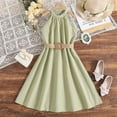 thumbnail image 2 of biudgviw Robe d'Été pour Filles Sans Manches à Col Licou, Épaules Dénudées, Ceinturée, Robe Trapèze Midi Décontractée, Robe Soleil 6-13 Ans, 2 of 3