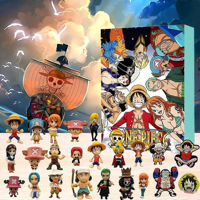 WANGSAHNGDUAN 2024 One Piece Action Figure Model Toy Christmas Advent Calendar featuring a colourful box with iconic One Piece characters and 24 miniature action figures. The figures include classic characters like Luffy, Nami, and Chopper, each crafted from durable plastic with movable designs. The set is displayed against a vibrant background with a pirate ship and sky, emphasizing its adventurous theme. Ideal for One Piece fans aged 7-14, this multicolour advent calendar offers a fun countdown to Christmas.