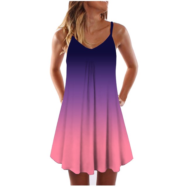 Fridja Robe Sans Manches à Imprimé Teinture sur Nœuds Dégradé pour Femmes, Col en V, Ligne A, Mini Robe d'Été