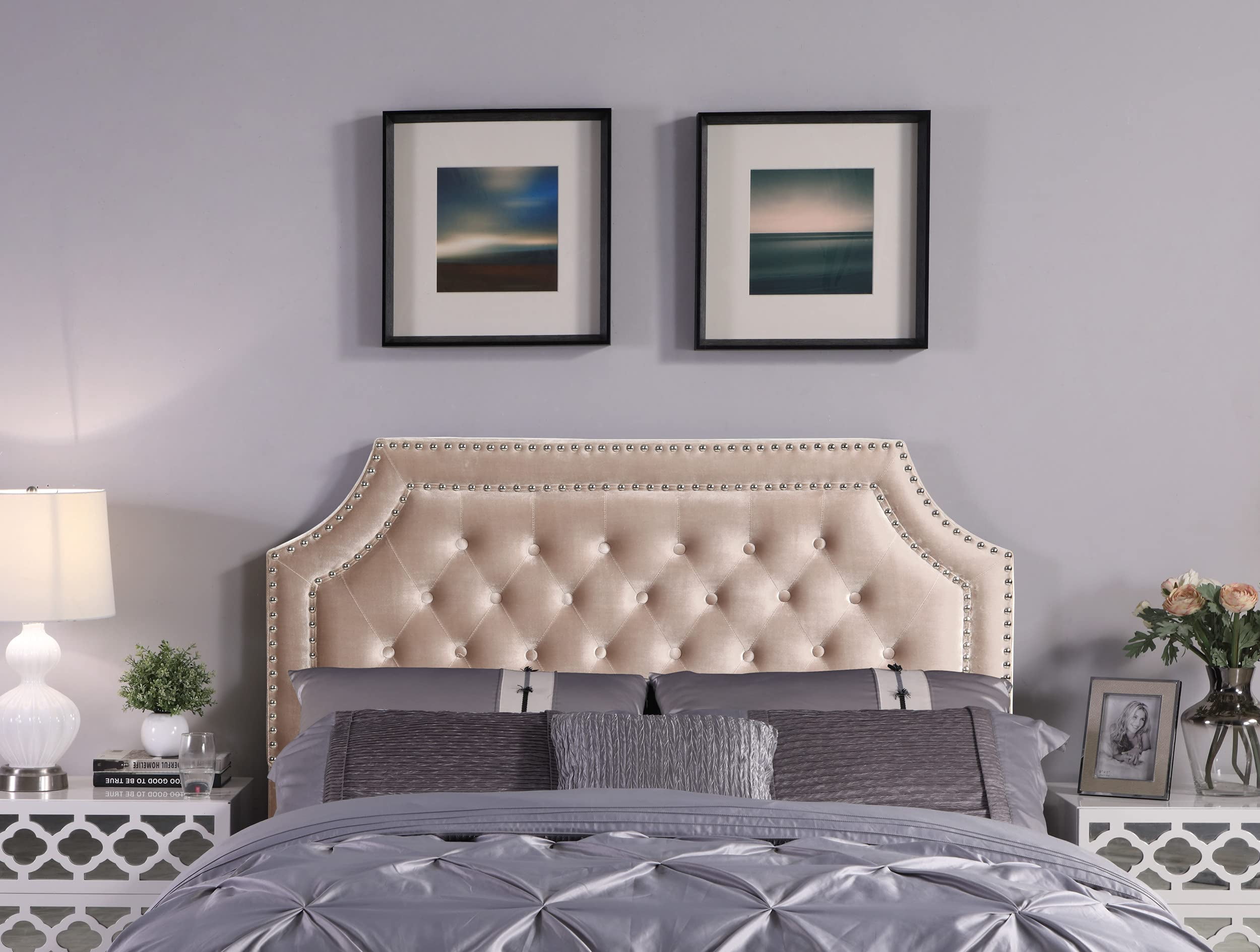 Iconic Home Chava Headboard Velvet Upholstered Button Tufted Double Row Silver Nailhead Trim Modern Transitional Full/, Queen, Taupe