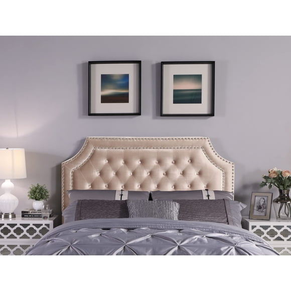 Iconic Home Chava Headboard Velvet Upholstered Button Tufted Double Row Silver Nailhead Trim Modern Transitional Full/, Queen, Taupe