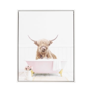 DesignOvation Serenna Cow Bath 16" x 20" Framed Canvas Wall Art Print by Amy Peterson
