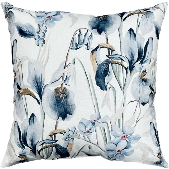 Hometrends HT Iris Denim Coussin Décoratif, 18x18 Pouces, avec un Fond Blanc et un Motif Aquarelle floral Bleu-Beige sur Tissu Texturé, Rempli de polyester pour un Soutien Confortable, Idéal pour les accents du Salon Ou de la Chambre.