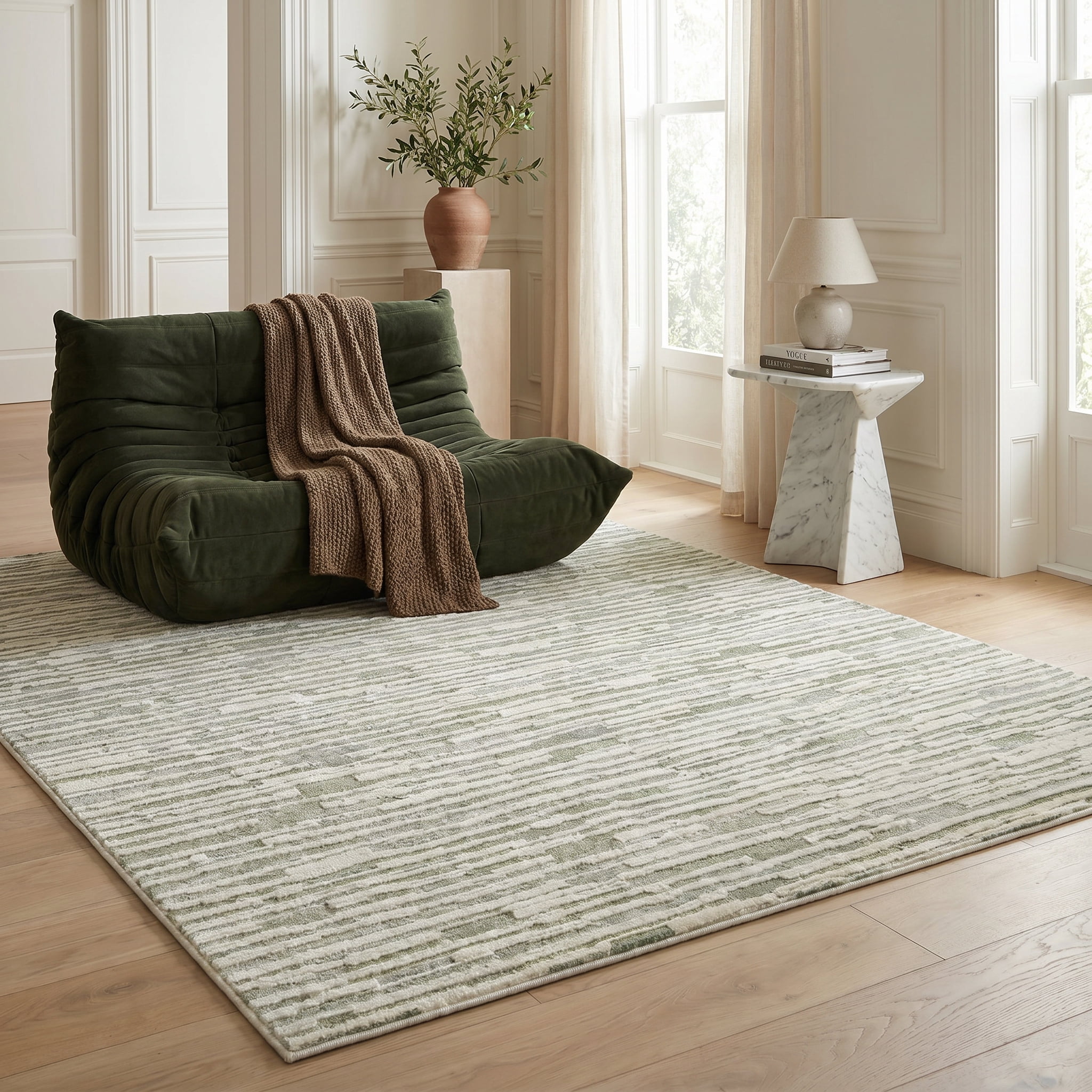 Tapis d'interieur abstrait Rug Branch Nomad, vert beige, moderne - Salon, chambre, salle a manger et cuisine