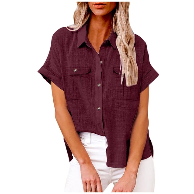 GigrtiJin Womens Short Sleeve Lapel Shirts Solid Color Button down Loose Tunic Tops Casual Work Blouse with Pocket