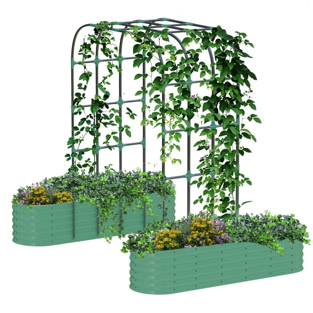 Yiwa Heavy Duty Galvanized Raised Garden Bed, Features 96 Inch Tall Vertical Arch Trellis, Rust-Resistant Planter Box for Outdoor Climbing Plants, Vegetables, and Flowers