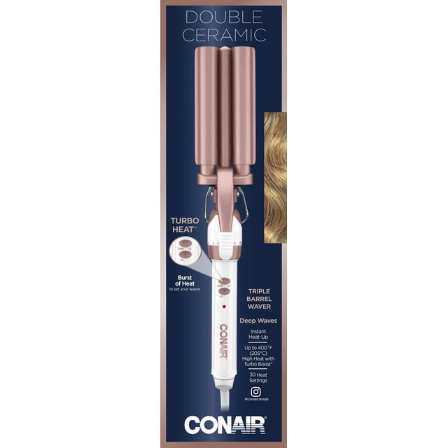 Conair Double Ceramic Triple Barrel Waver with rose gold triple ceramic barrels and white handle, featuring turbo heat for a burst of heat to set waves, 30 heat settings, and instant heat-up to 400°F (205°C) for deep, long-lasting waves, suitable for all hair types.